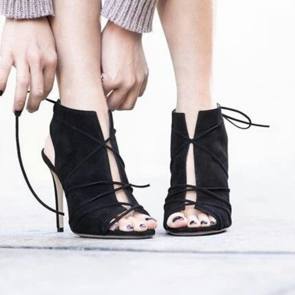 ASOS Estelle Tie Up Peep Toe Booties - Black Suede Sz: 7